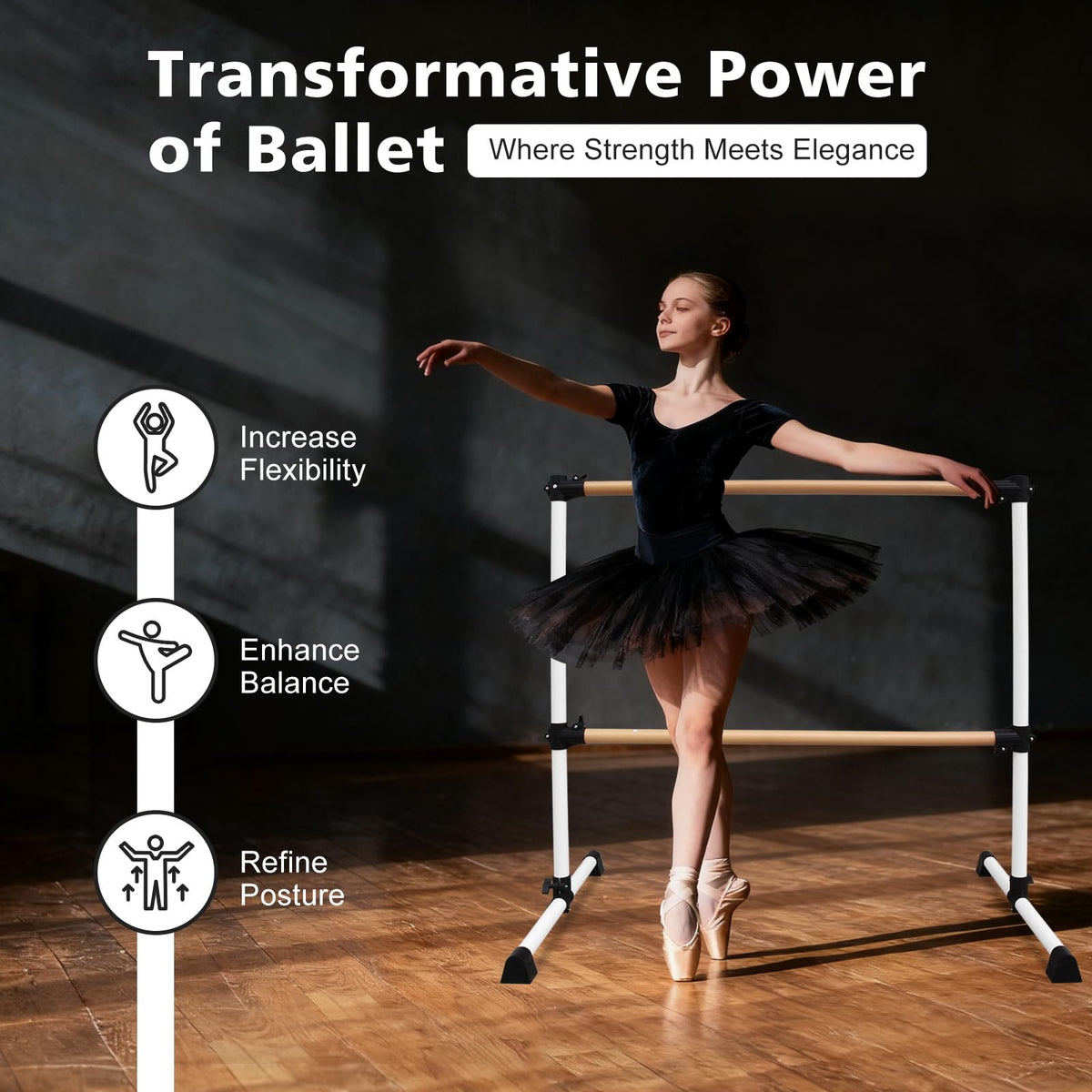 4FT/6FT Height Adjustable Double Ballet Barre, Freestanding Portable Stretching Dance Bar for Home, Heavy Duty Exercise Equipment for Kids & Adults with Anti-Slip Rubber Pads
