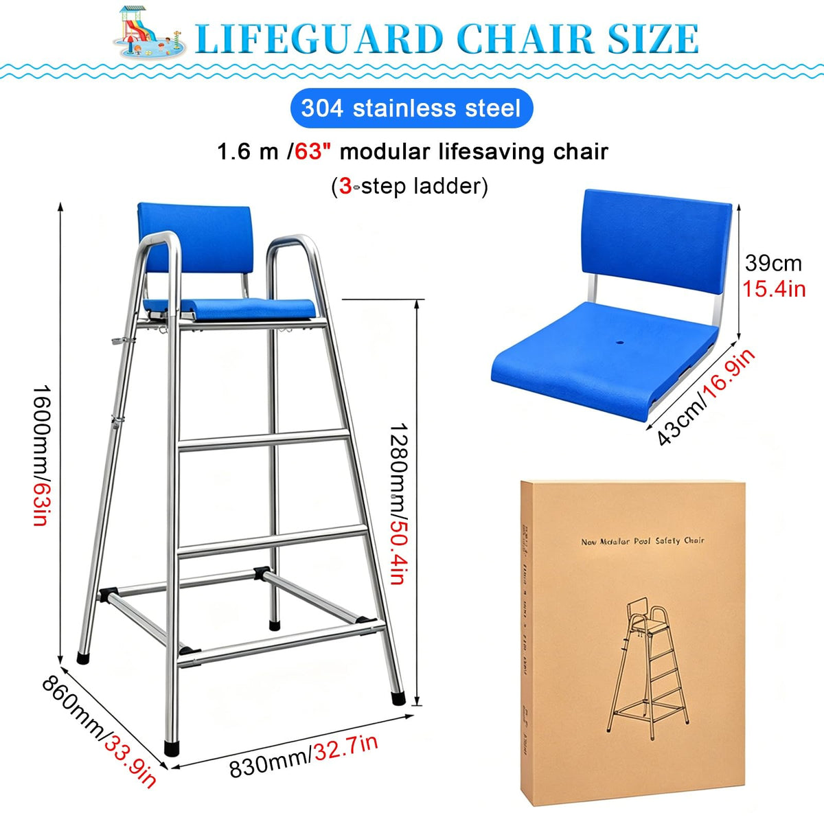 Commercial Lifeguard Stand - Heavy-Duty 304 Stainless Steel Frame with Ladders, for Poolside, Beach Clubs & Community Swimming Centers(74.8in/1.9m/6.2ft)
