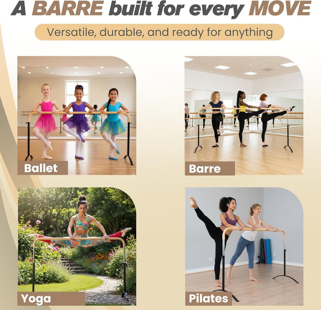 Ballet Barre Portable for Home or Studio, 6 ft Extendable to 12 ft Bar Curved, Height Adjustable from 27" to 44", Ideal for Stretch, Pilates, Dance, Active Workouts, Single or Double, Kids Adults