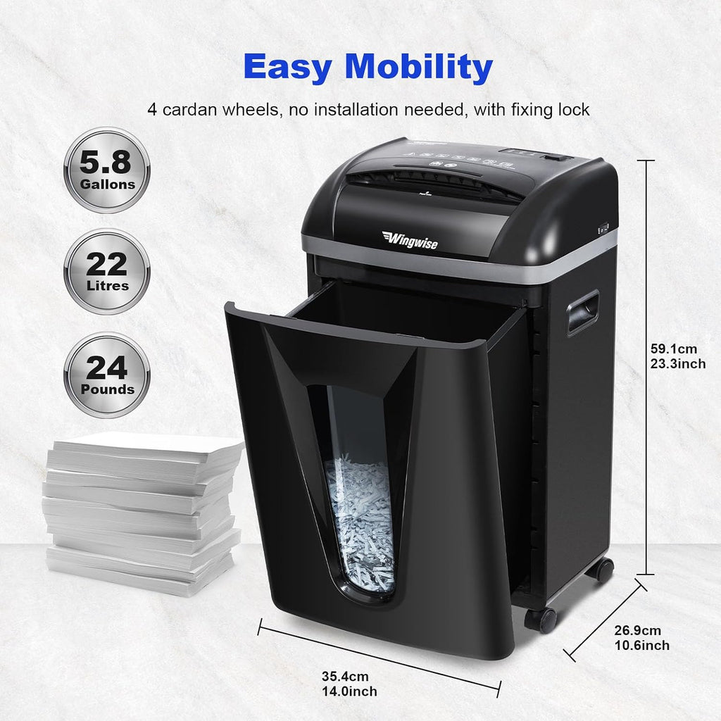 Wingwise Paper Shredder for Home, 15 Sheets Heavy Duty Cross Cut Shredders for Office, P-4, 15 Mins Runtime, 5.8-Gal Bin with Transparent Window, Shreds Credit Cards & CDs, Staples & Paper Clips