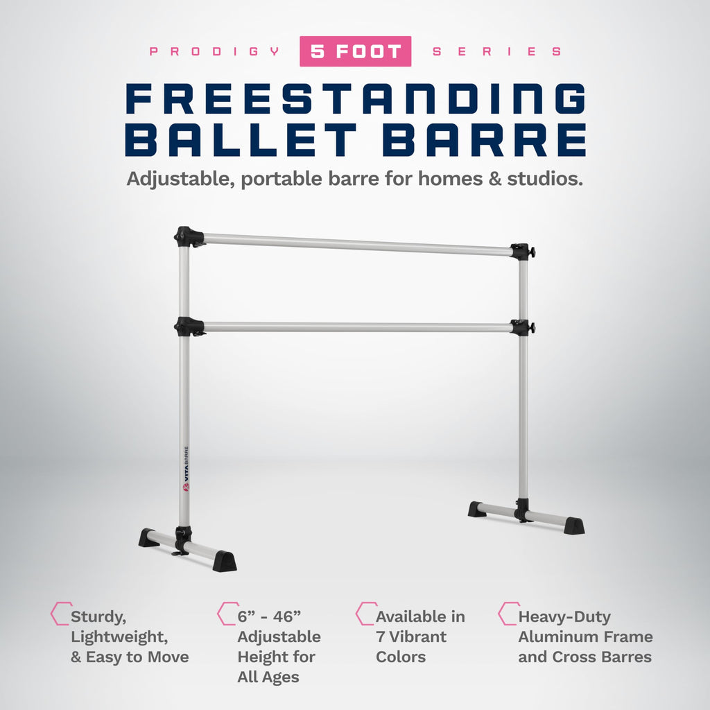 VITA Barre Portable Freestanding Double Ballet Barre, Prodigy, Aluminum | Adjustable Height, USA Made, Home or Gym Exercise Equipment for Kids & Adults | Dance, Fitness, Pilates