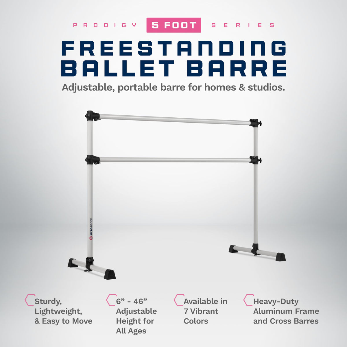 VITA Barre Portable Freestanding Double Ballet Barre, Prodigy, Aluminum | Adjustable Height, USA Made, Home or Gym Exercise Equipment for Kids & Adults | Dance, Fitness, Pilates