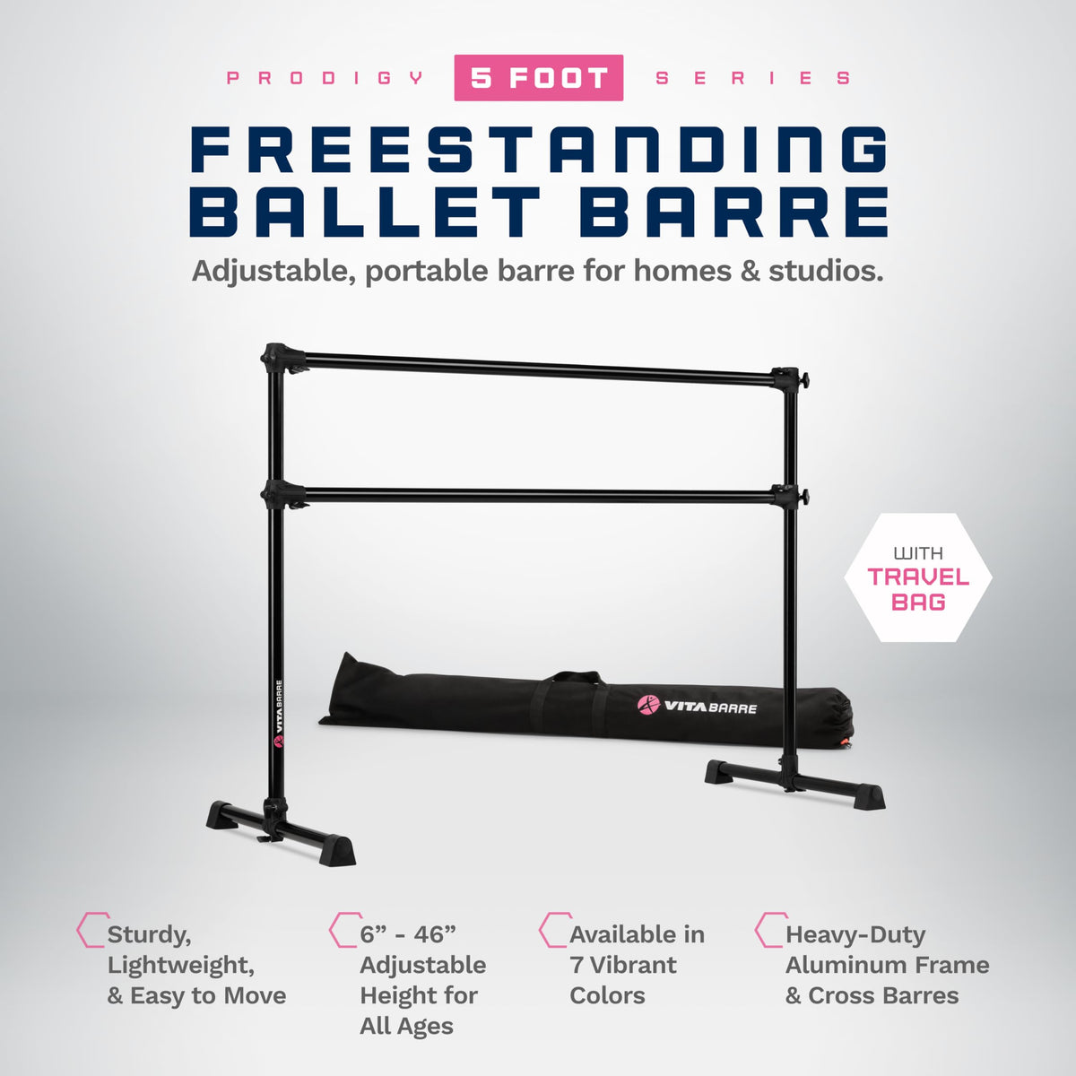VITA Barre Portable Freestanding Double Ballet Barre, Prodigy, with Carry Bag | Adjustable Height, USA Made, Home or Gym Exercise Equipment for Kids & Adults | Dance, Fitness, Pilates