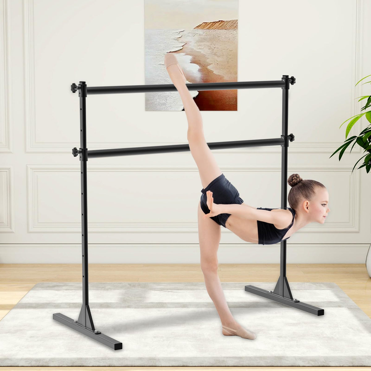 BeneLabel 4FT/5FT/6FT Height Adjustable Freestanding Ballet Barre with Fabric Sleeve Portable Double Ballet Bar 350 lbs Capacity Heavy Duty Dance Barre for Home Workout, Stretch