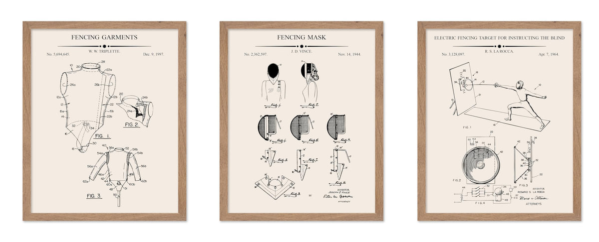 Poster Master 3-Piece Fencing Blueprint Poster - Fencing Garment Patent Print - Fencing Mask Design - Target Art - Sports Design - Technical Drawing Print - Gym or Office Decor - 8x10 Brown Framed