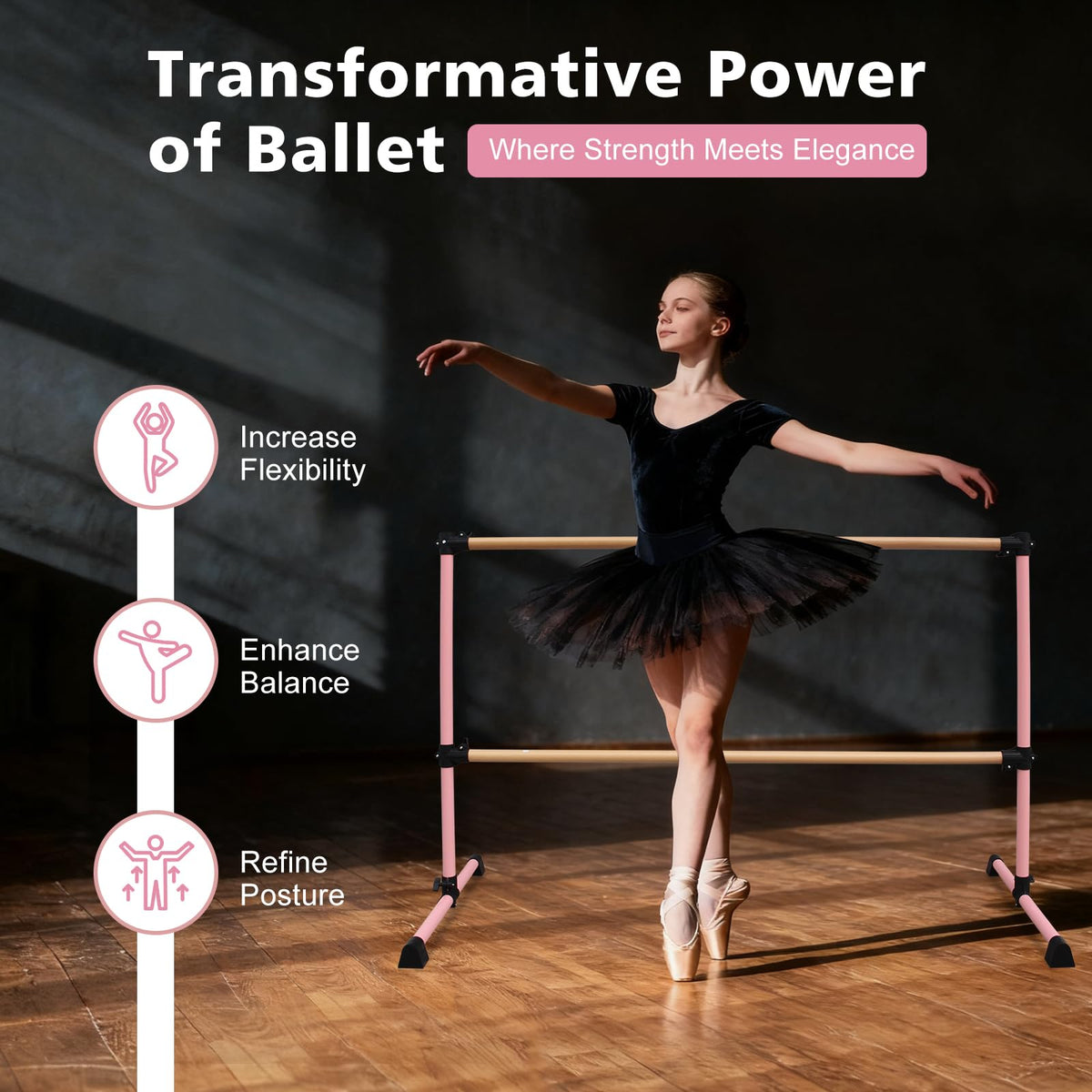 4FT/6FT Height Adjustable Double Ballet Barre, Freestanding Portable Stretching Dance Bar for Home, Heavy Duty Exercise Equipment for Kids & Adults with Anti-Slip Rubber Pads