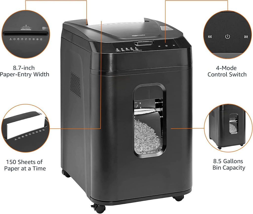 Amazon Basics 150-Sheet Autofeed Micro-Cut Paper and Credit Card Shredder, High Security Level P-4 with 8.5-Gallon Bin, 60-Minute Continuous Run Time, Black