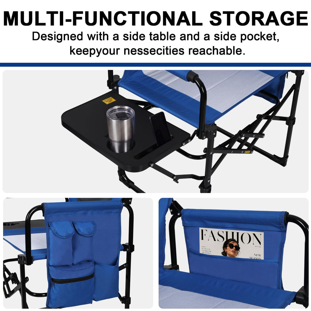 Romswi 2 Pack 30" Extra Tall Folding Camping Chairs, Heavy Duty Director Chairs with Side Table, Cup Holder & Storage Pocket, 400 LBS Support, Portable Outdoor Chairs for Camping, Sports, Events, Blue