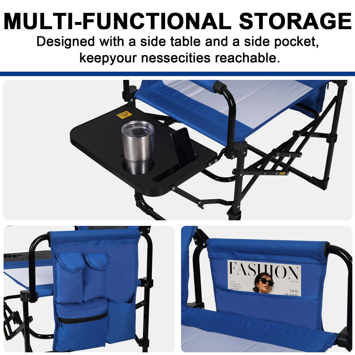Romswi 2 Pack 30" Extra Tall Folding Camping Chairs, Heavy Duty Director Chairs with Side Table, Cup Holder & Storage Pocket, 400 LBS Support, Portable Outdoor Chairs for Camping, Sports, Events, Blue