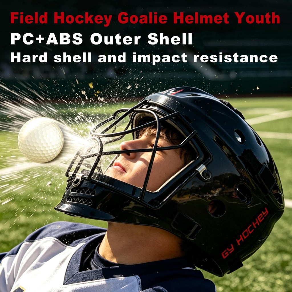 GY Field Hockey Goalie Helmet with Cage, Ice Hockey Goalie Face Mask for Youth, PC+ABS Shell/ 4.5mm A3 Steel Cage/ 10mm Foam Liner- XS