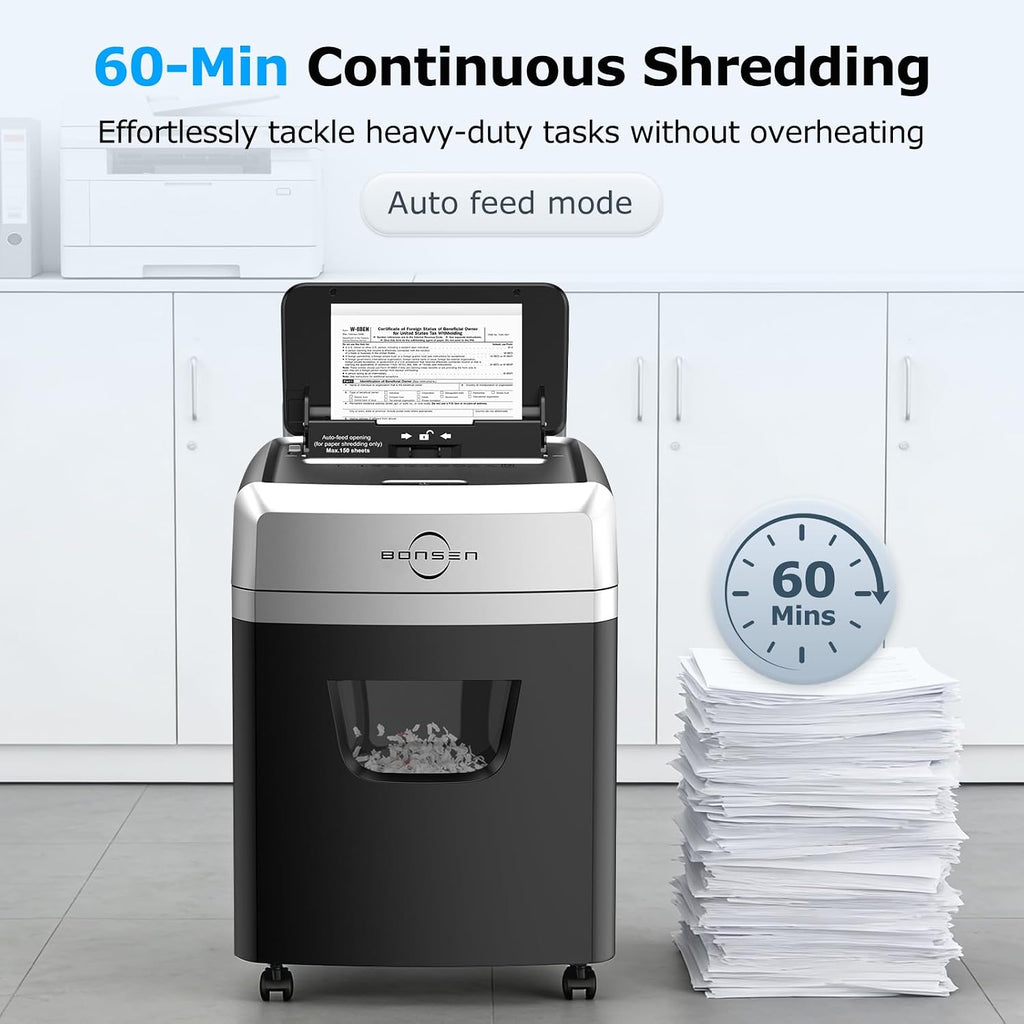 BONSEN 150-Sheet Autofeed Micro-Cut Heavy Duty Paper Shredder for Office