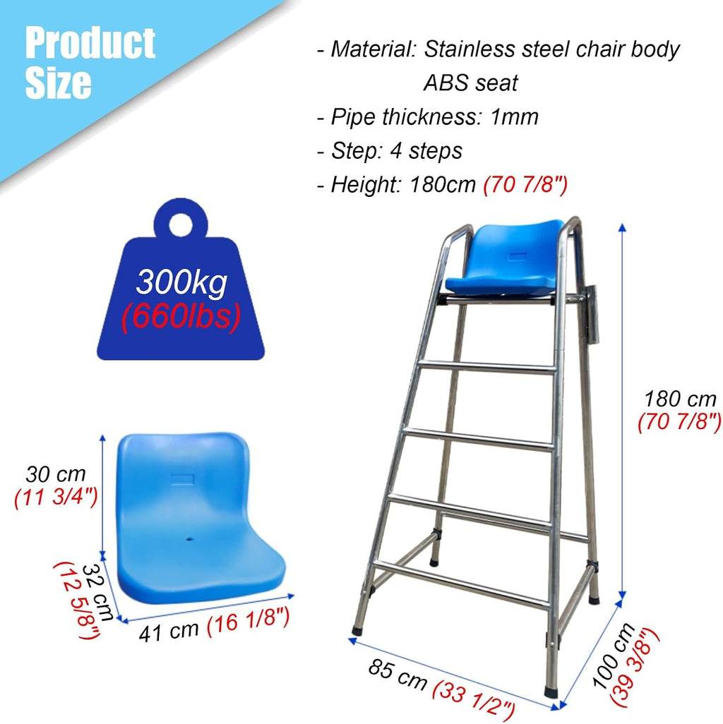 Detachable Stainless Steel Lifeguard Chair with Parasol - 70.8" Outdoor Observation Seat for Pools, Beaches, Waterparks & Referee Stand - Durable, Weather-Resistant Design,180cm (70.8")