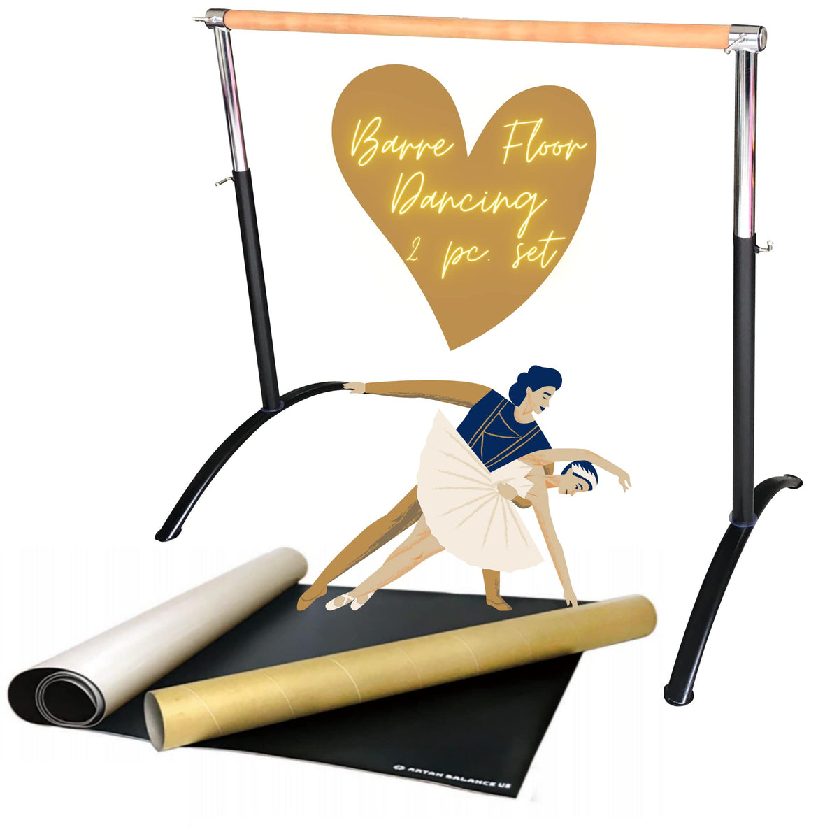 Artan Balance Ballet Barre for Home and Studio Bundle + Portable Marley Dance Floor + Stretching Strap