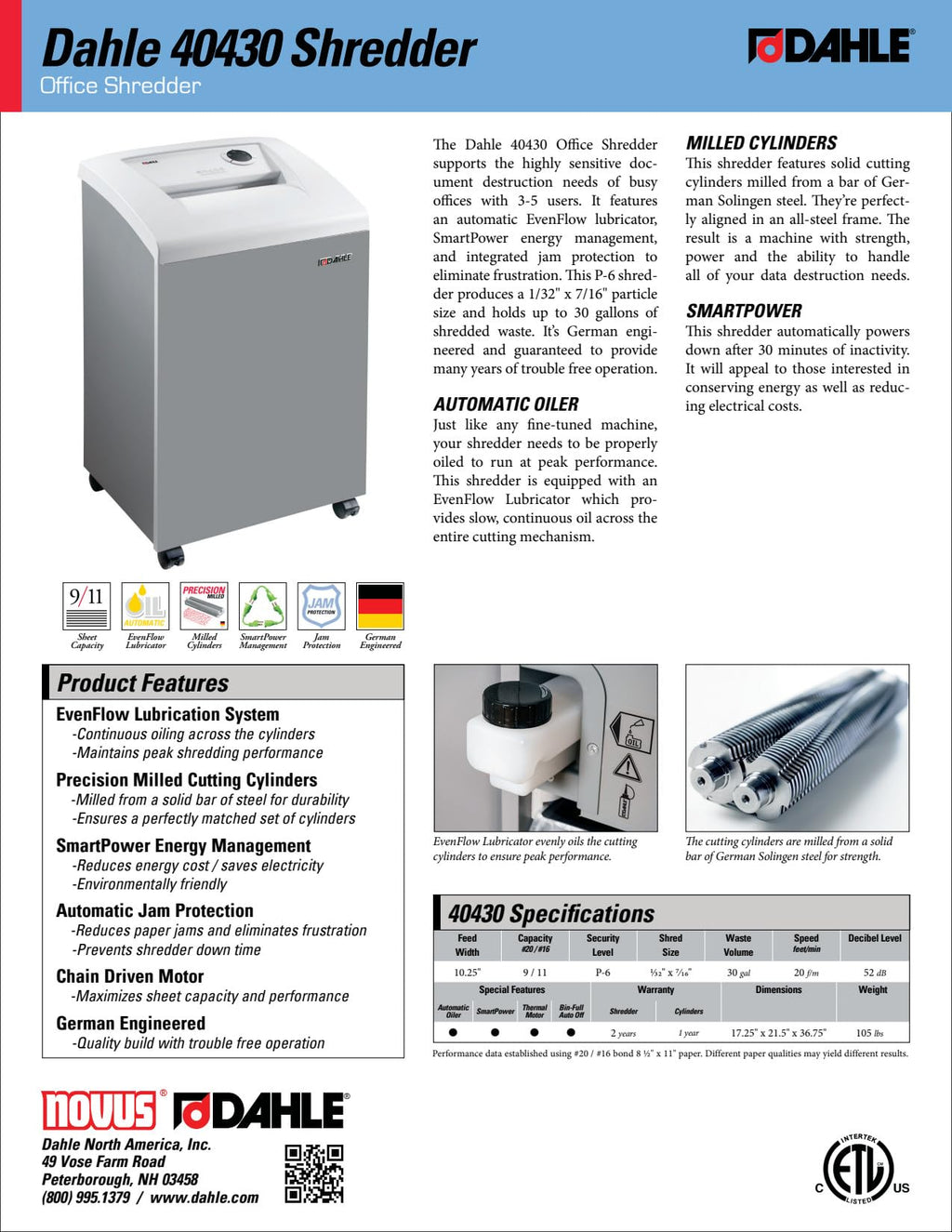 Dahle 50464 Paper Shredder, Cross Cut, P-4 Security, German Engineered, Jam Protection, Oil Free, SmartPower, Shreds CDs, 24 Sheet Max, 30 Gal Bin