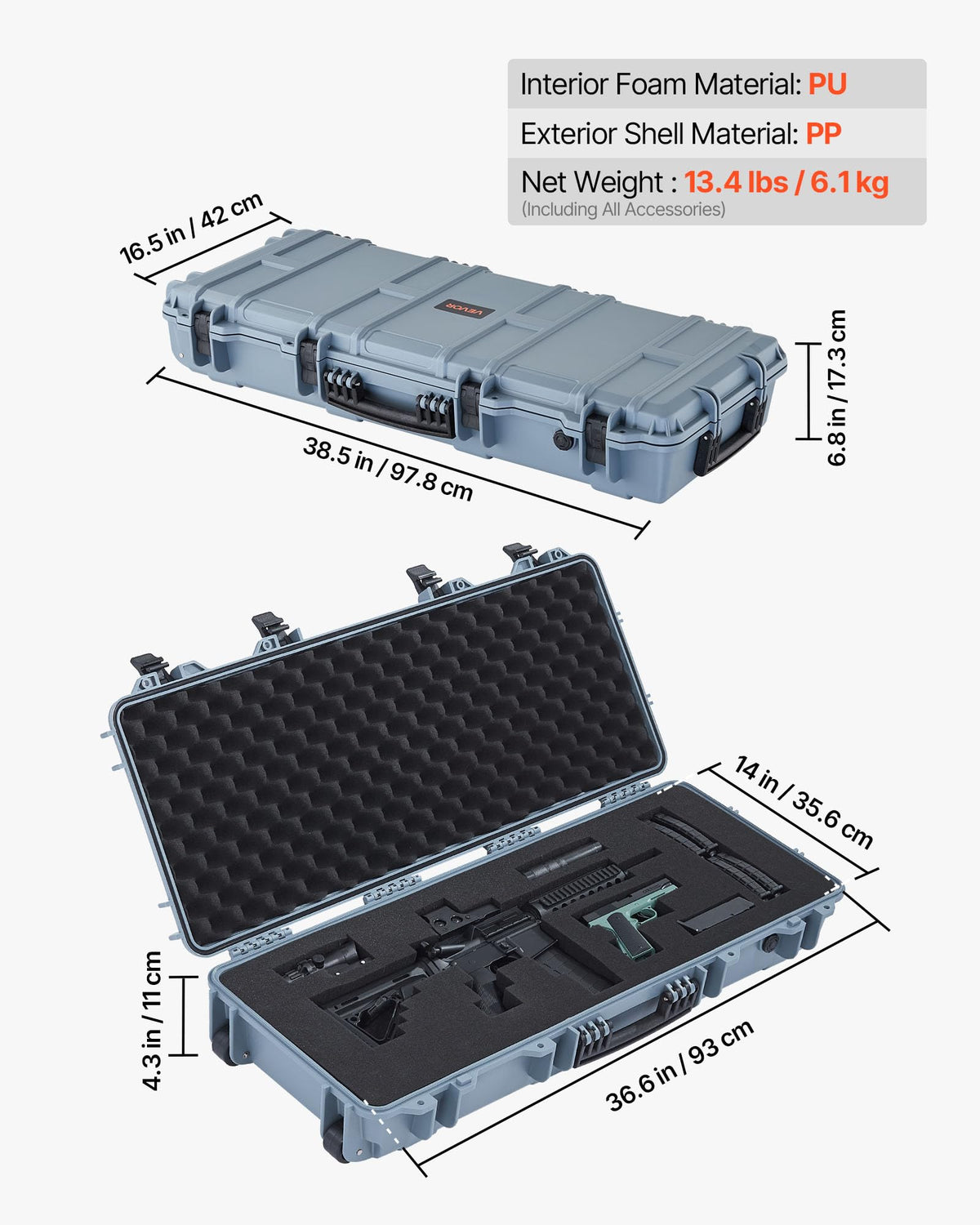 VEVOR Rifle Case, Rifle Hard Case with 4 Layers Fully-protective Foams, Lockable Hard Gun Case with Wheels, IP67 Waterproof & Crushproof, for Rifles or Shotguns
