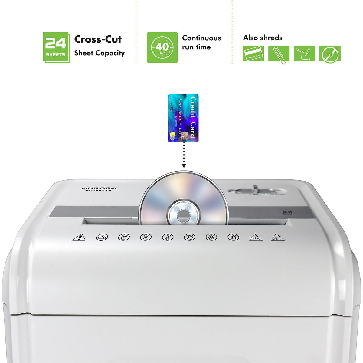 Aurora AU1640XA Anti-Jam 16 Sheet Crosscut Paper/CD and Credit Card/ 5 Gal Pullout Basket Shredder, 30 Minutes Continuous Run Time