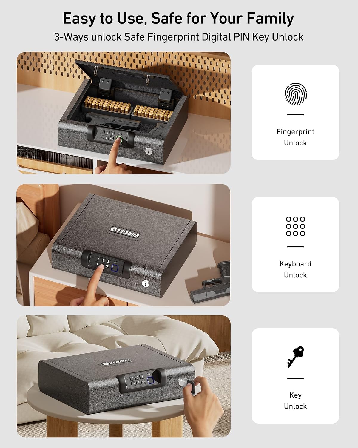 BILLCONCH Large Gun Safe Biometric Fingerprint Handgun Pistol Safes