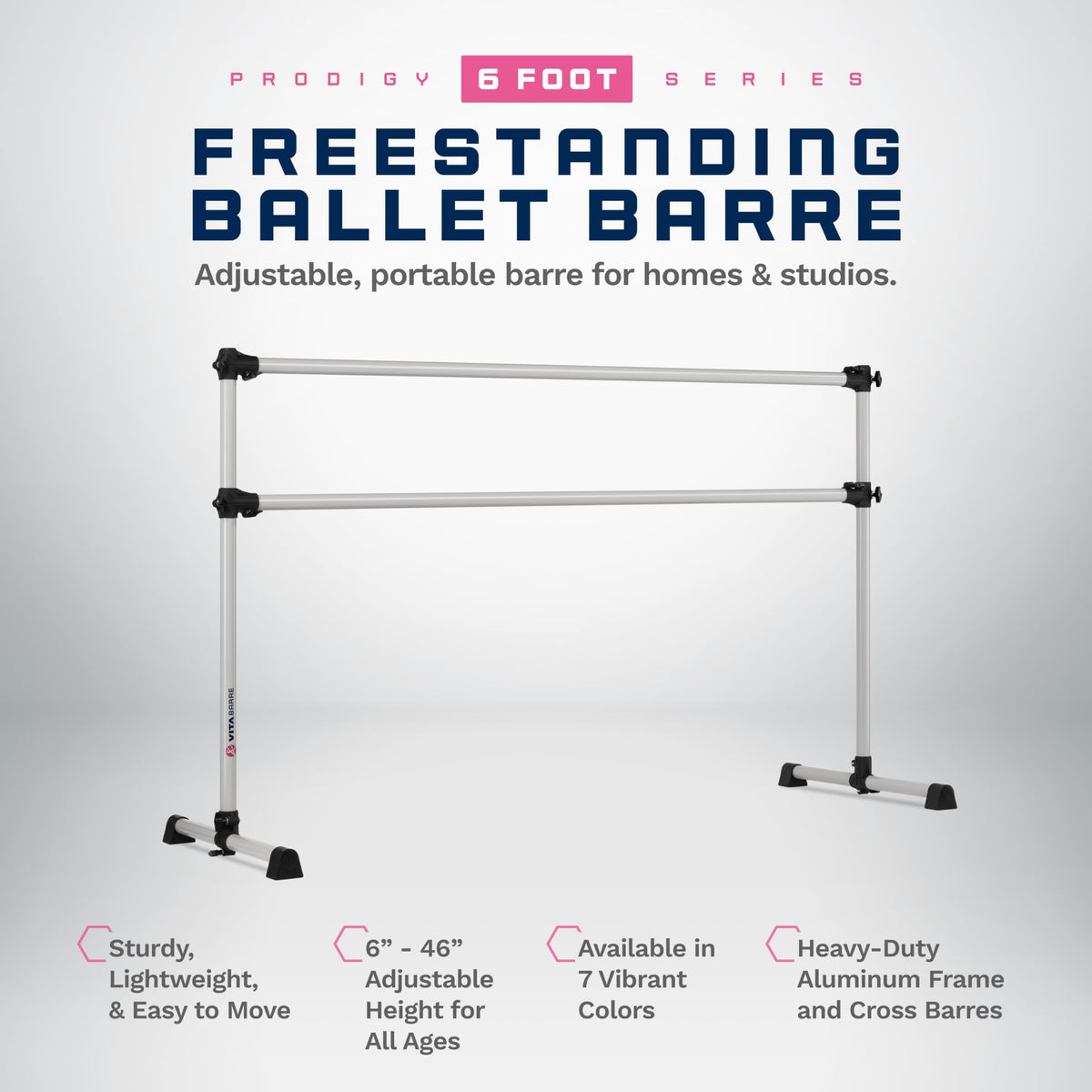 VITA Barre Portable Freestanding Double Ballet Barre, Prodigy, Aluminum | Adjustable Height, USA Made, Home or Gym Exercise Equipment for Kids & Adults | Dance, Fitness, Pilates