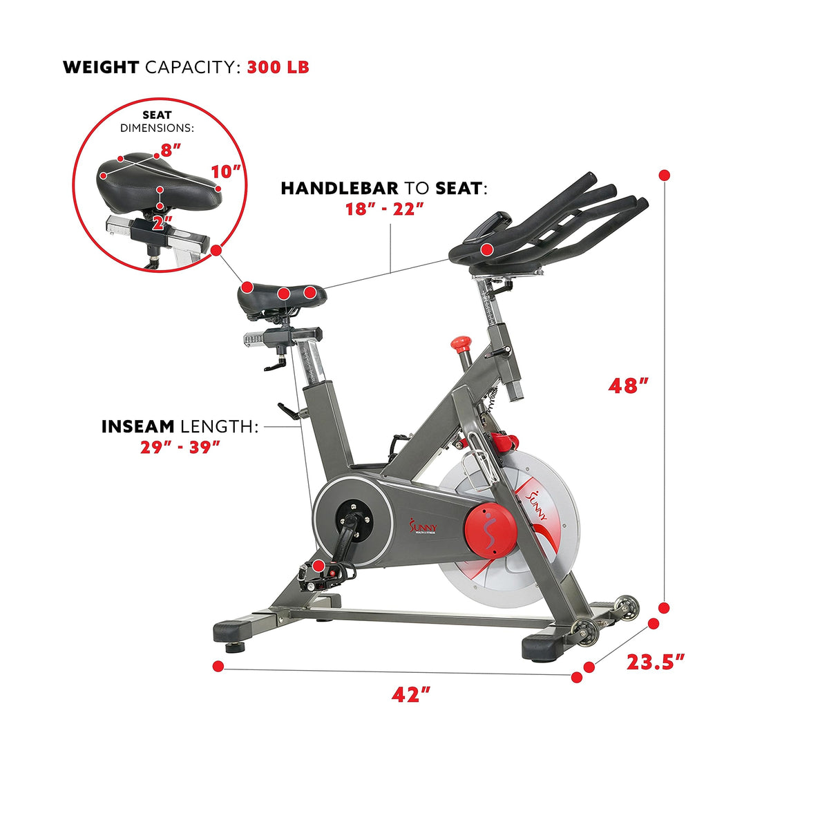 Sunny Health & Fitness Magnetic Exercise Bike, 44LB Flywheel & 300LB Weight Capacity for Intensive Home Workout, Indoor Cardio Training w/4-Way Adjustable Seat, Optional Free SunnyFit App Connection