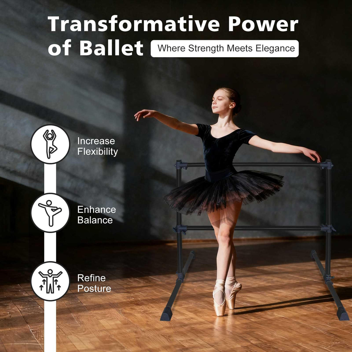 4FT/6FT Height Adjustable Double Ballet Barre, Freestanding Portable Stretching Dance Bar for Home, Heavy Duty Exercise Equipment for Kids & Adults with Anti-Slip Rubber Pads