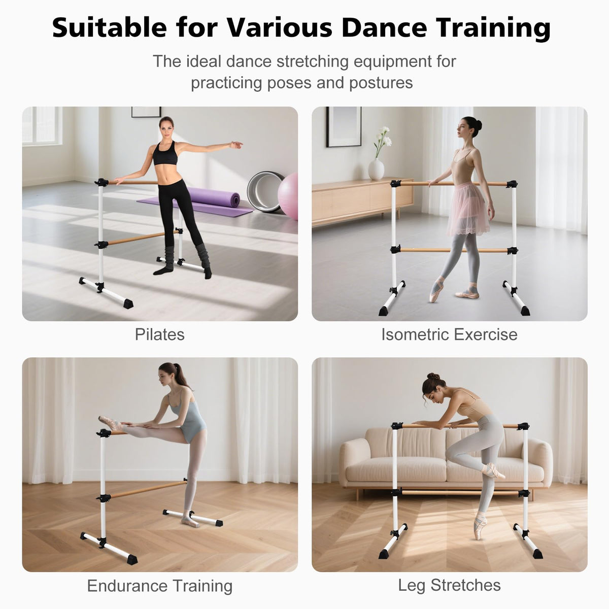 4FT/6FT Height Adjustable Double Ballet Barre, Freestanding Portable Stretching Dance Bar for Home, Heavy Duty Exercise Equipment for Kids & Adults with Anti-Slip Rubber Pads