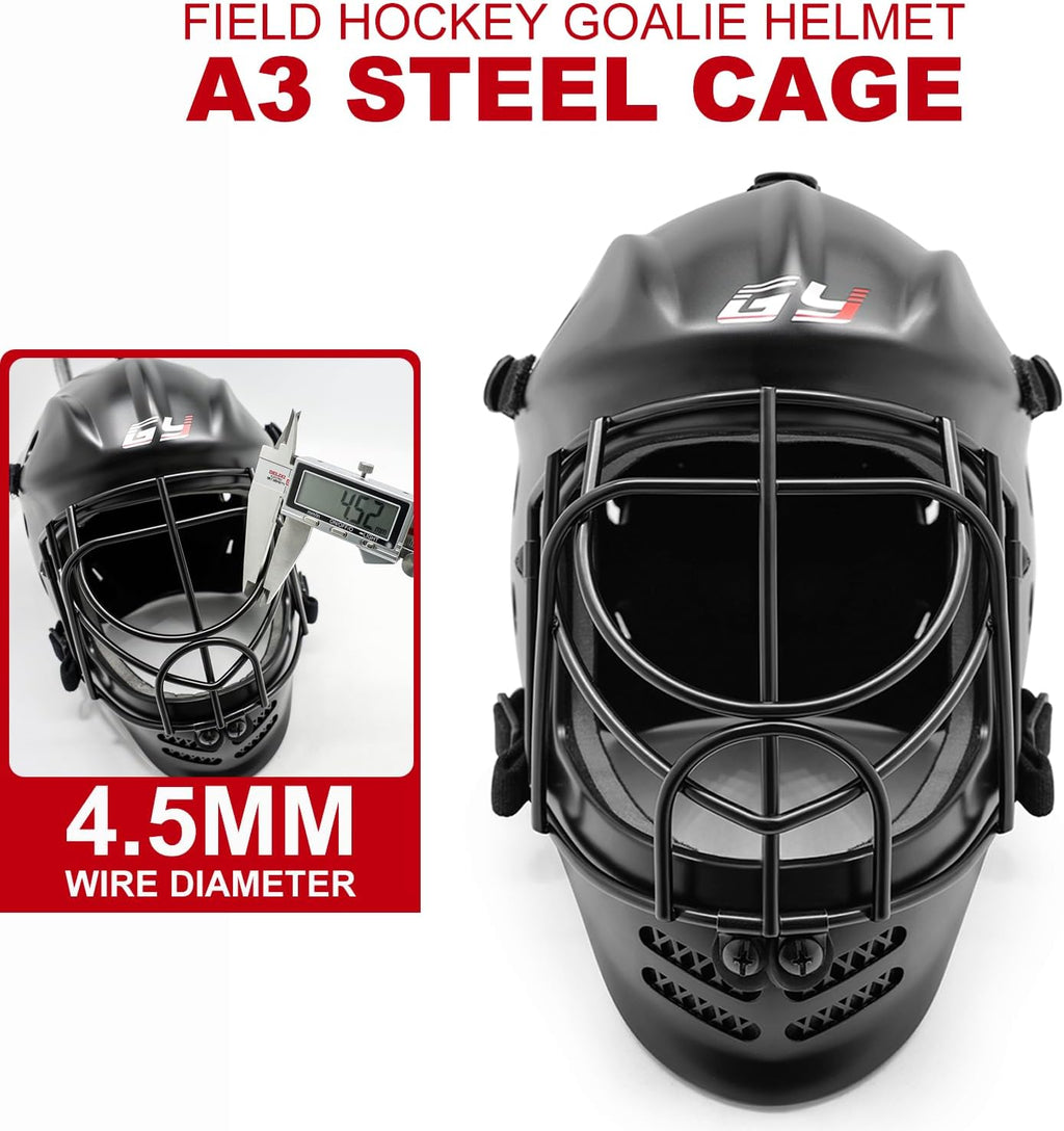 GY Field Hockey Goalie Helmet with Cage, Ice Hockey Goalie Face Mask for Youth, PC+ABS Shell/ 4.5mm A3 Steel Cage/ 10mm Foam Liner- XS