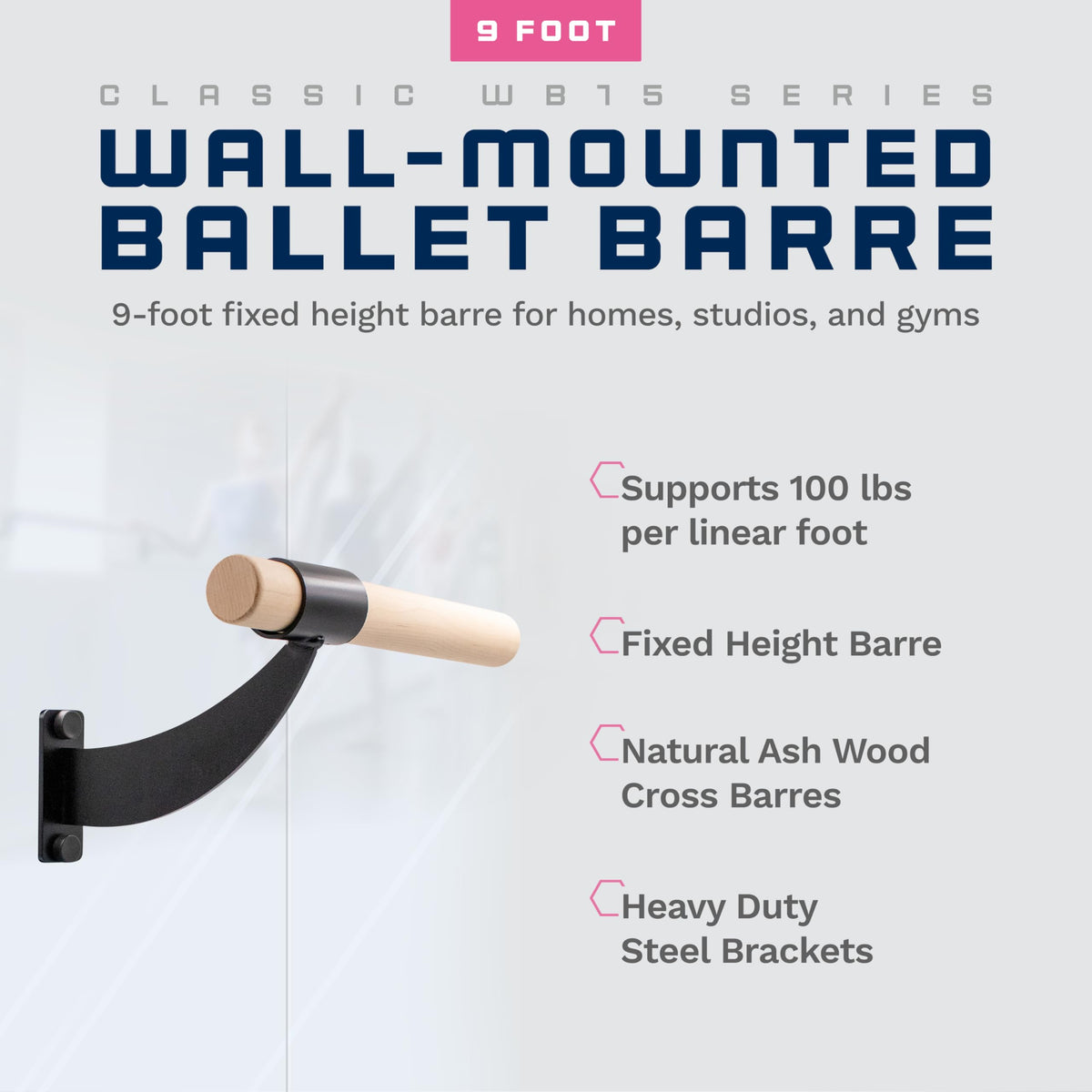 VITA Barre Wall-Mounted Single Ballet Barre, Classic WB15, Wood | Fixed Height, Made in USA, Home, Studio or Gym Exercise Equipment for Kids & Adults | Dance, Fitness, Pilates