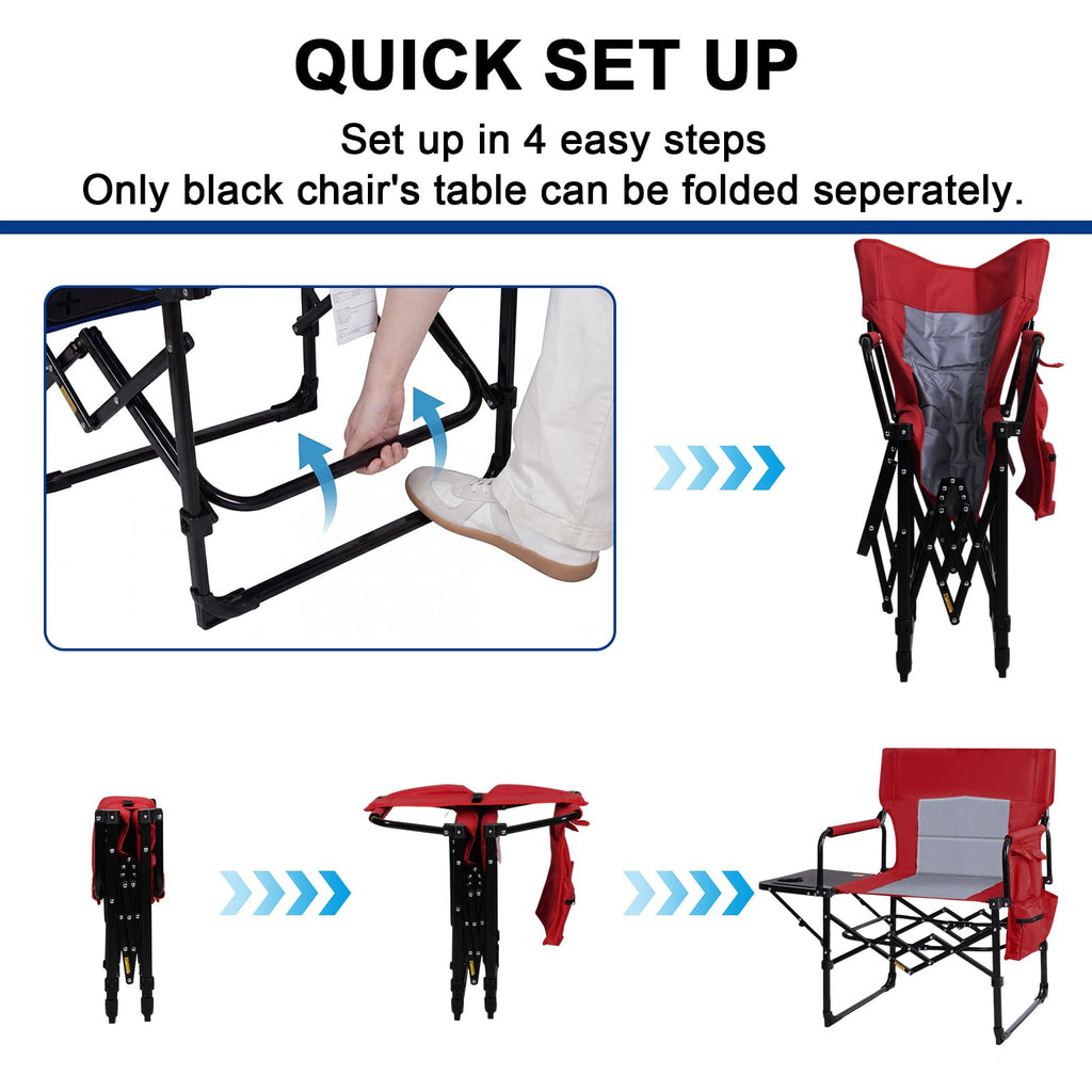 Romswi 2 Pack 30" Extra Tall Folding Camping Chairs, Heavy Duty Director Chairs with Side Table, Cup Holder & Storage Pocket, 400 LBS Support, Portable Outdoor Chairs for Camping, Sports, Events, Blue