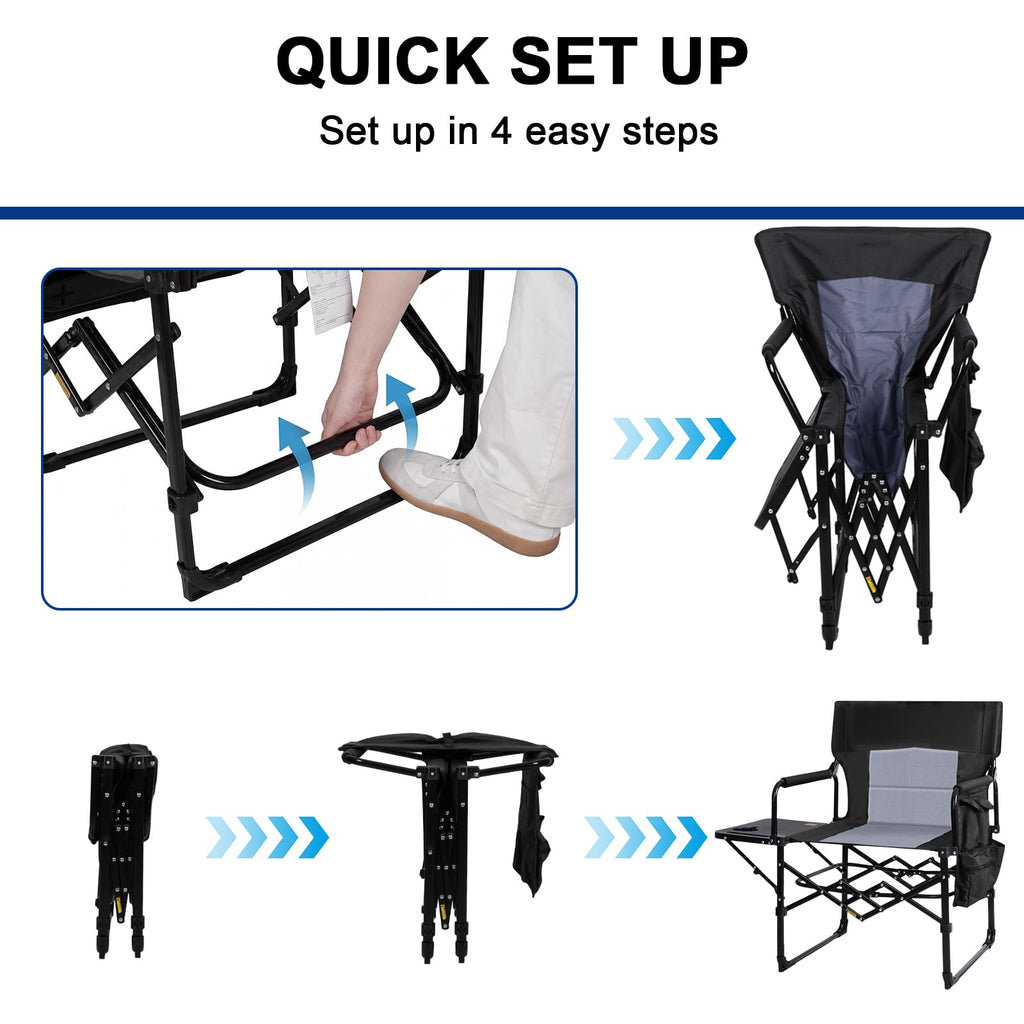 Romswi 2 Pack 30" Extra Tall Folding Camping Chairs, Heavy Duty Director Chairs with Side Table, Cup Holder & Storage Pocket, 400 LBS Support, Portable Outdoor Chairs for Camping, Sports, Events, Blue