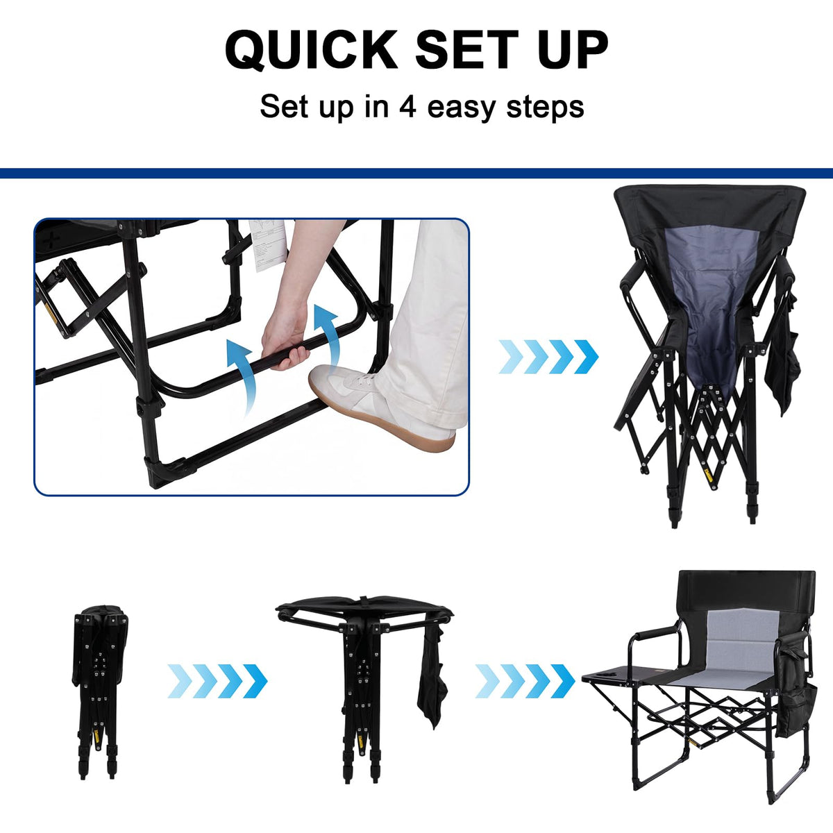 Romswi 2 Pack 30" Extra Tall Folding Camping Chairs, Heavy Duty Director Chairs with Side Table, Cup Holder & Storage Pocket, 400 LBS Support, Portable Outdoor Chairs for Camping, Sports, Events, Blue