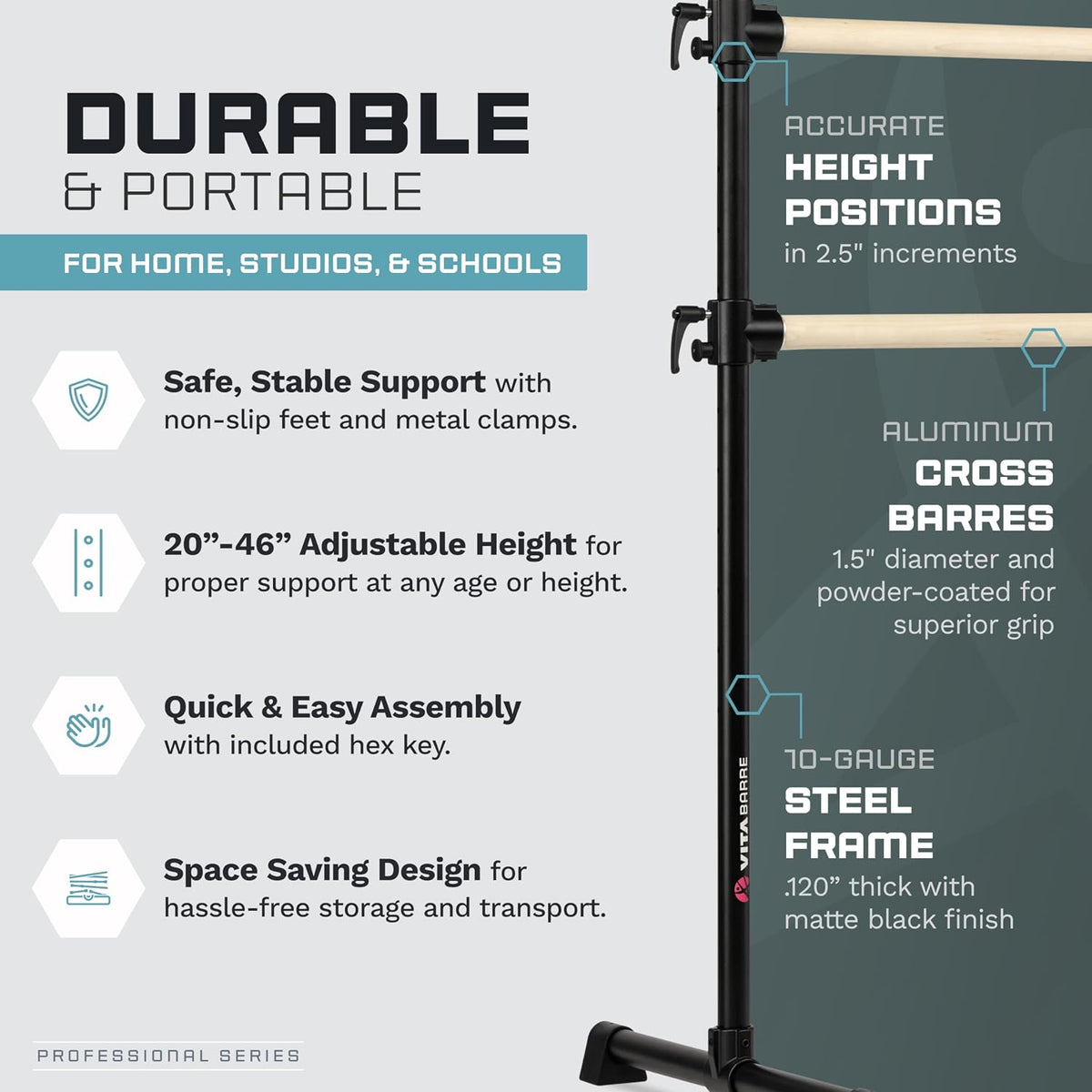 VITA Barre Portable Freestanding Double Ballet Barre, Professional | Adjustable Height, Made in USA, Home or Gym Exercise Equipment for Kids & Adults | Dance, Fitness, Pilates