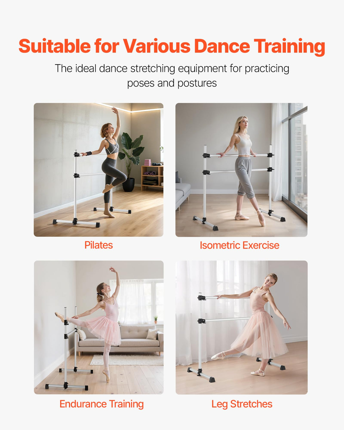 VEVOR Ballet Barre, Barre Bar for Home, Freestanding Portable Ballet Stretching Dance Bars, Height Adjustable Anti-Wobble Fitness Gym Studio Equipment