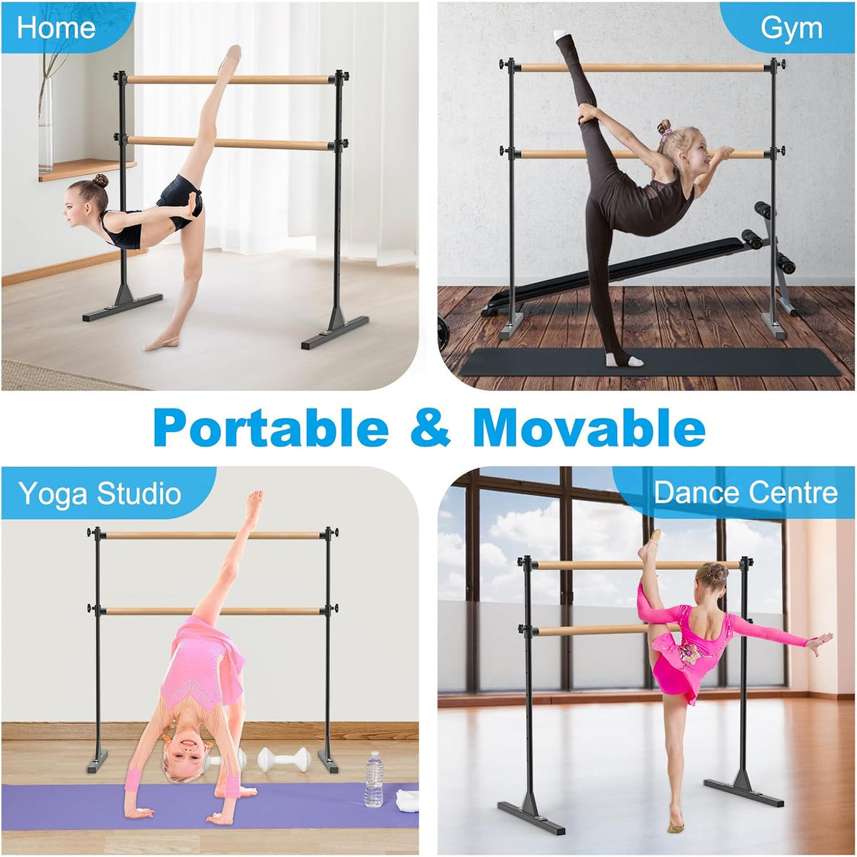 BeneLabel 4FT/5FT/6FT Height Adjustable Freestanding Ballet Barre with Fabric Sleeve Portable Double Ballet Bar 350 lbs Capacity Heavy Duty Dance Barre for Home Workout, Stretch