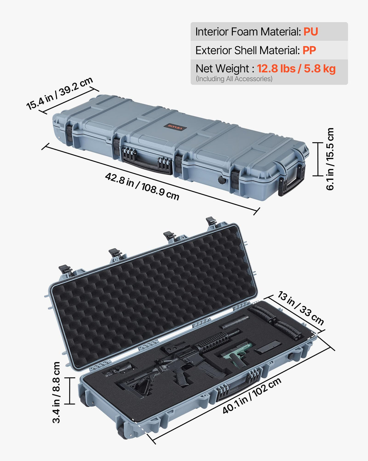 VEVOR Rifle Case, Rifle Hard Case with 4 Layers Fully-protective Foams, Lockable Hard Gun Case with Wheels, IP67 Waterproof & Crushproof, for Rifles or Shotguns
