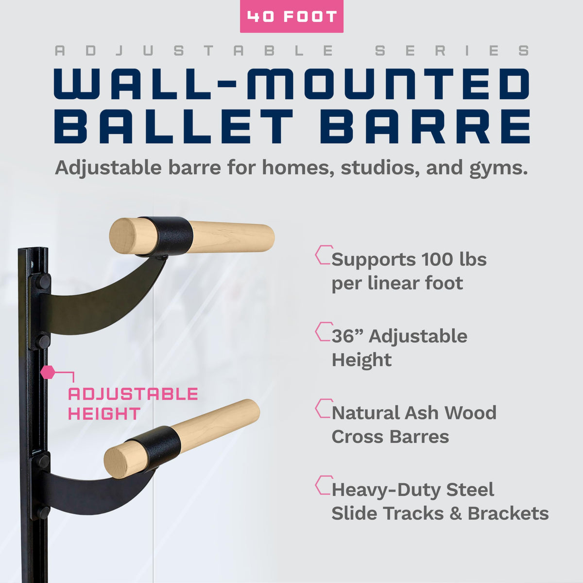 VITA Barre Wall-Mounted Ballet Barre, Wood | Adjustable Height, Made in USA, Home, Studio or Gym Exercise Equipment for Kids & Adults | Dance, Fitness, Pilates
