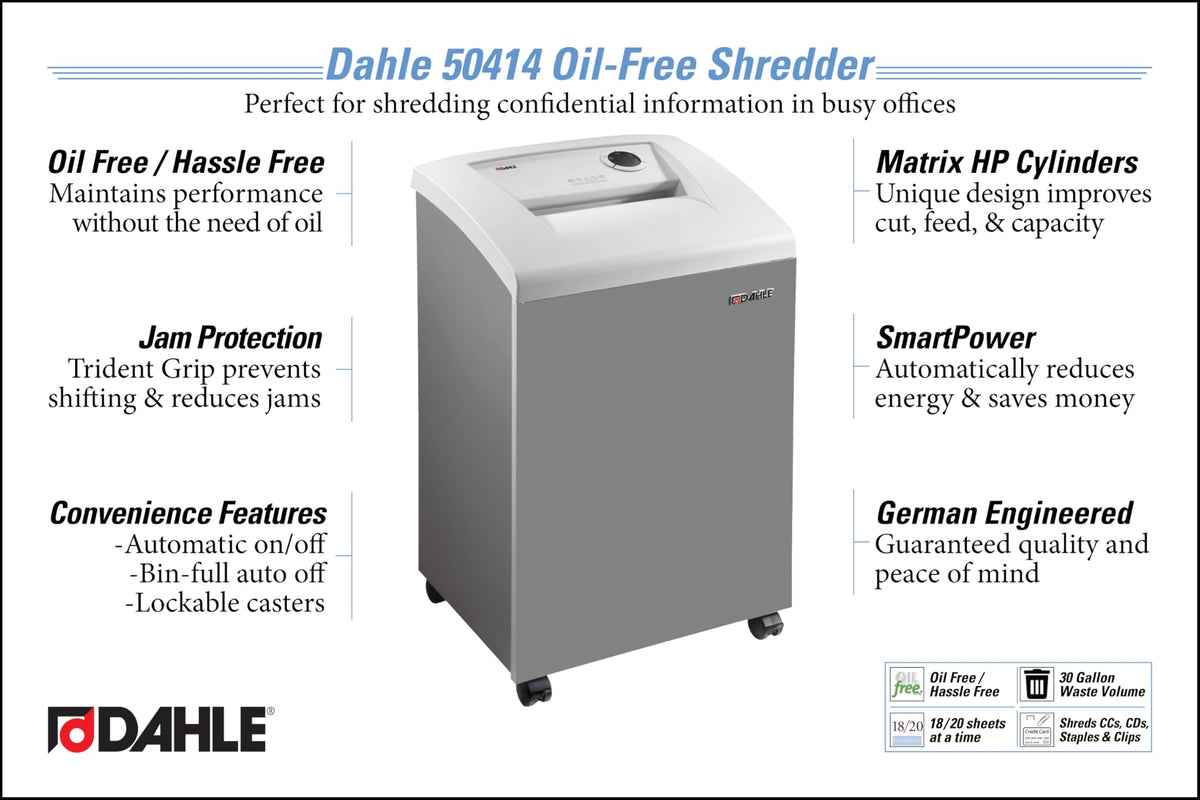 Dahle 50464 Paper Shredder, Cross Cut, P-4 Security, German Engineered, Jam Protection, Oil Free, SmartPower, Shreds CDs, 24 Sheet Max, 30 Gal Bin