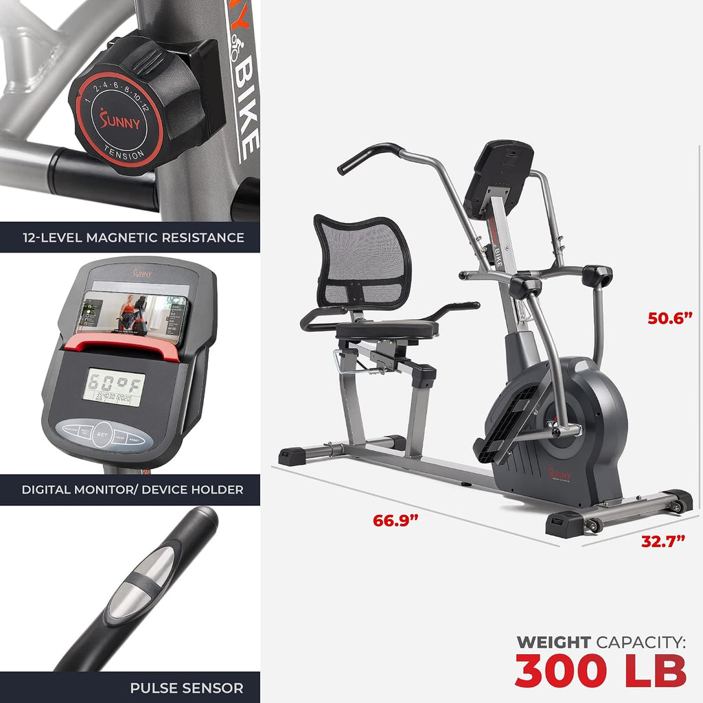 Sunny Health & Fitness Smart Magnetic Recumbent Elliptical Cross-Trainer