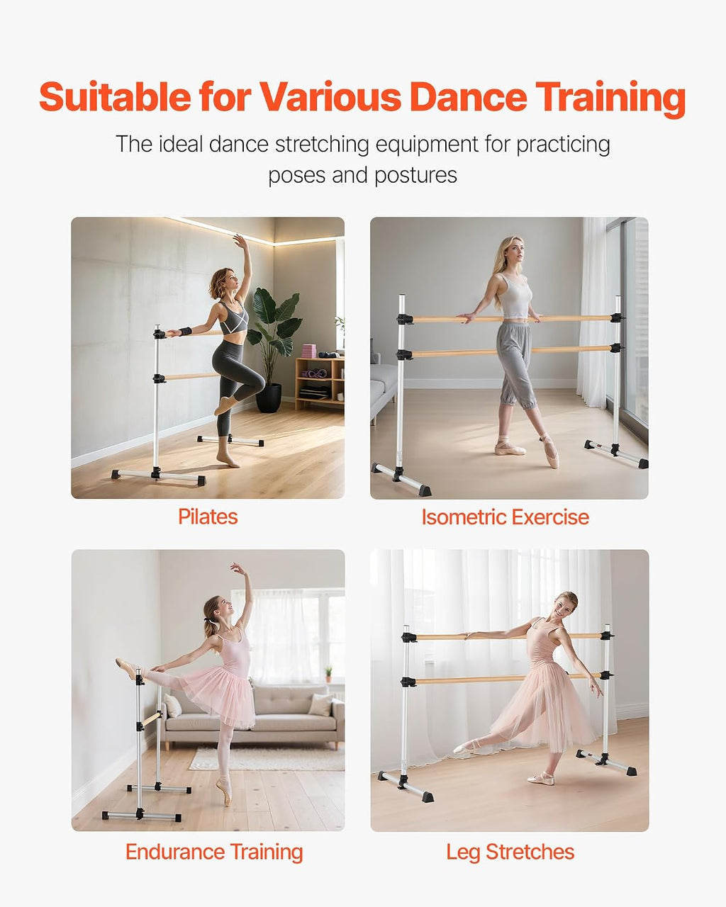 VEVOR Ballet Barre, Barre Bar for Home, Freestanding Portable Ballet Stretching Dance Bars, Height Adjustable Anti-Wobble Fitness Gym Studio Equipment