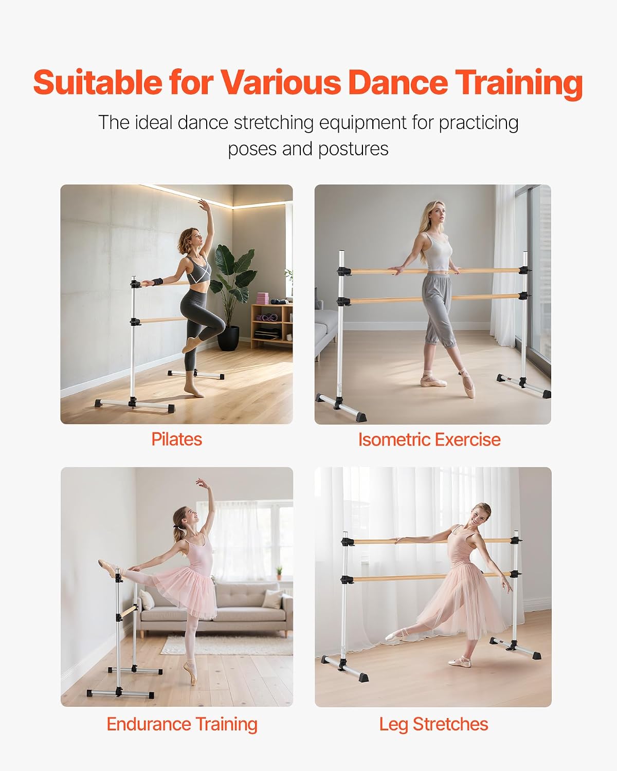 VEVOR Ballet Barre, Barre Bar for Home, Freestanding Portable Ballet Stretching Dance Bars, Height Adjustable Anti-Wobble Fitness Gym Studio Equipment