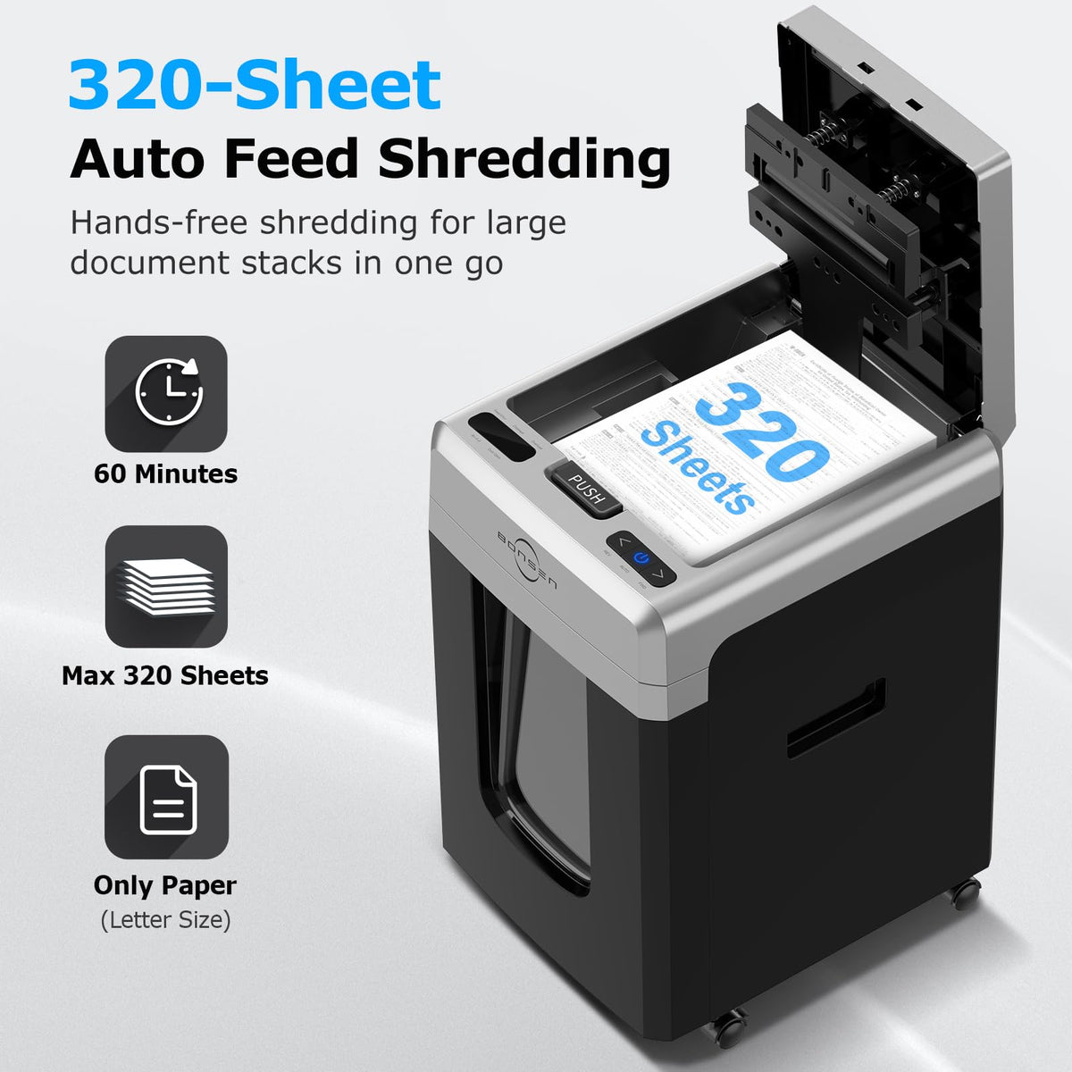 BONSEN 300-Sheet Auto Feed Micro Cut Heavy Duty Paper Shredder for Office