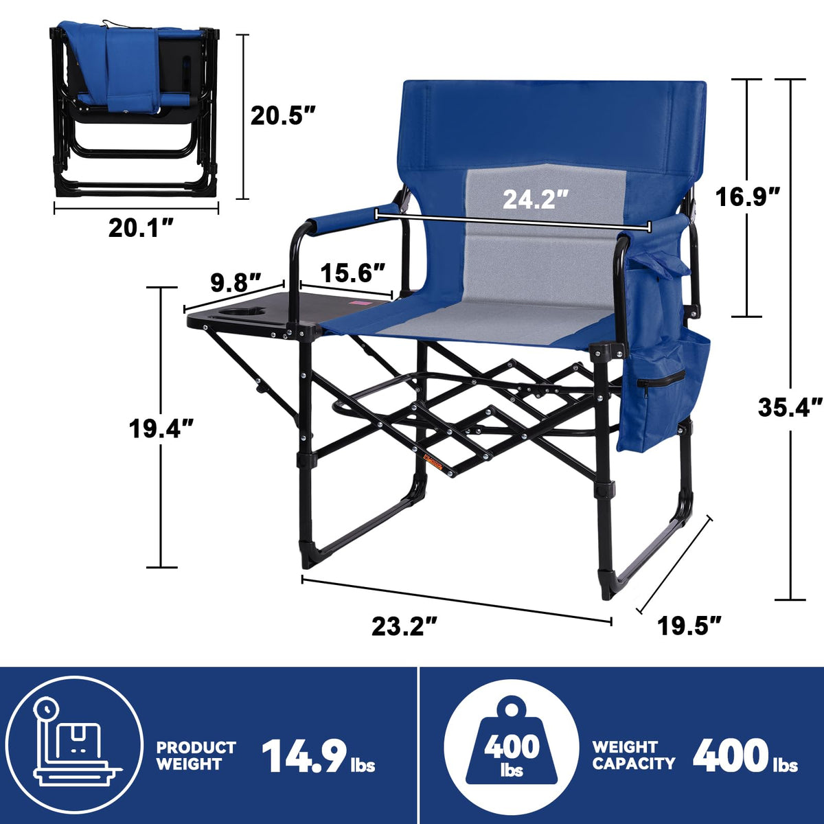 Romswi 2 Pack 30" Extra Tall Folding Camping Chairs, Heavy Duty Director Chairs with Side Table, Cup Holder & Storage Pocket, 400 LBS Support, Portable Outdoor Chairs for Camping, Sports, Events, Blue