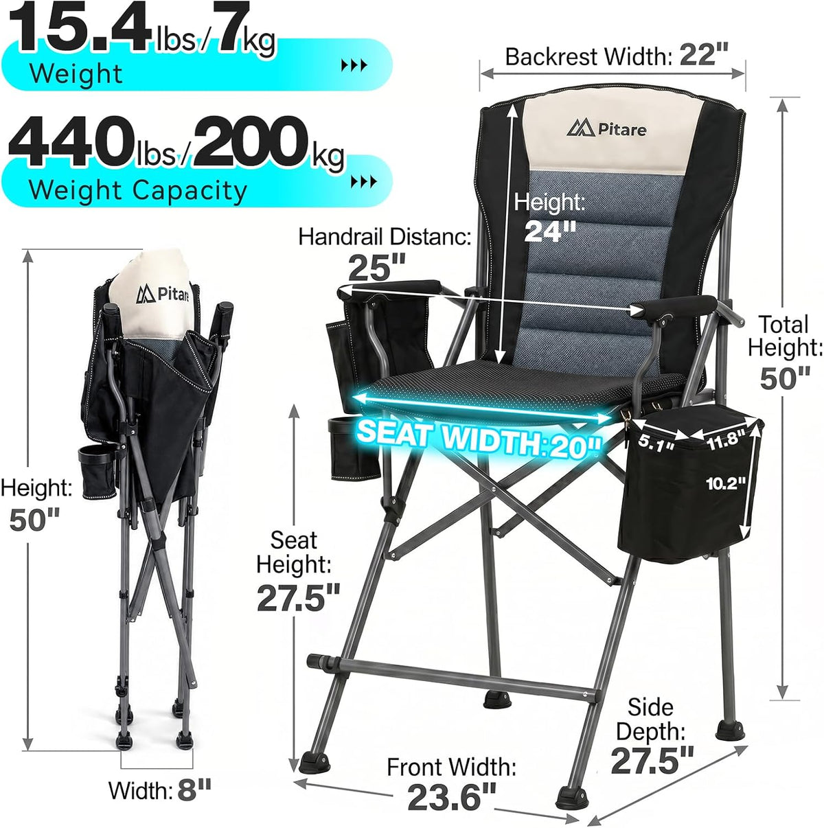 Tall Camping Chair for Adults, Tall Folding Directors Chair with Cooler Bag, Gel Cushion and Footrest, 440 lbs Heavy Duty Camping Portable High Chair for Beach, Sports, Outdoor Events