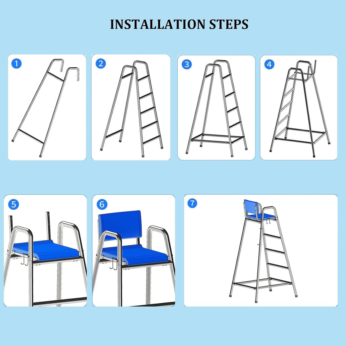 Stainless Steel Lifeguard Chair, 190cm Elevated Vantage Point Pool Chair with Parasol Socket, Lifebuoy Hooks, Lifesaving Observation Chairs for Outdoor Use