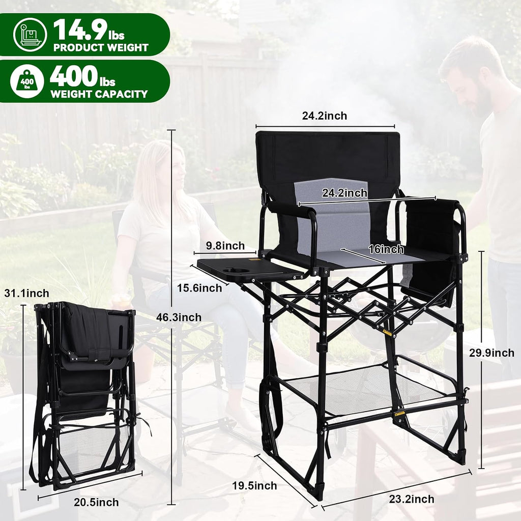 2 Pack Tall Directors Chair 30.7" Seat Height, Heavy Duty Folding Makeup Artist Chair with Side Table, Cup Holder & Storage Pocket, Portable High Camping Bar Stool Supports 400lbs, Black/Grey
