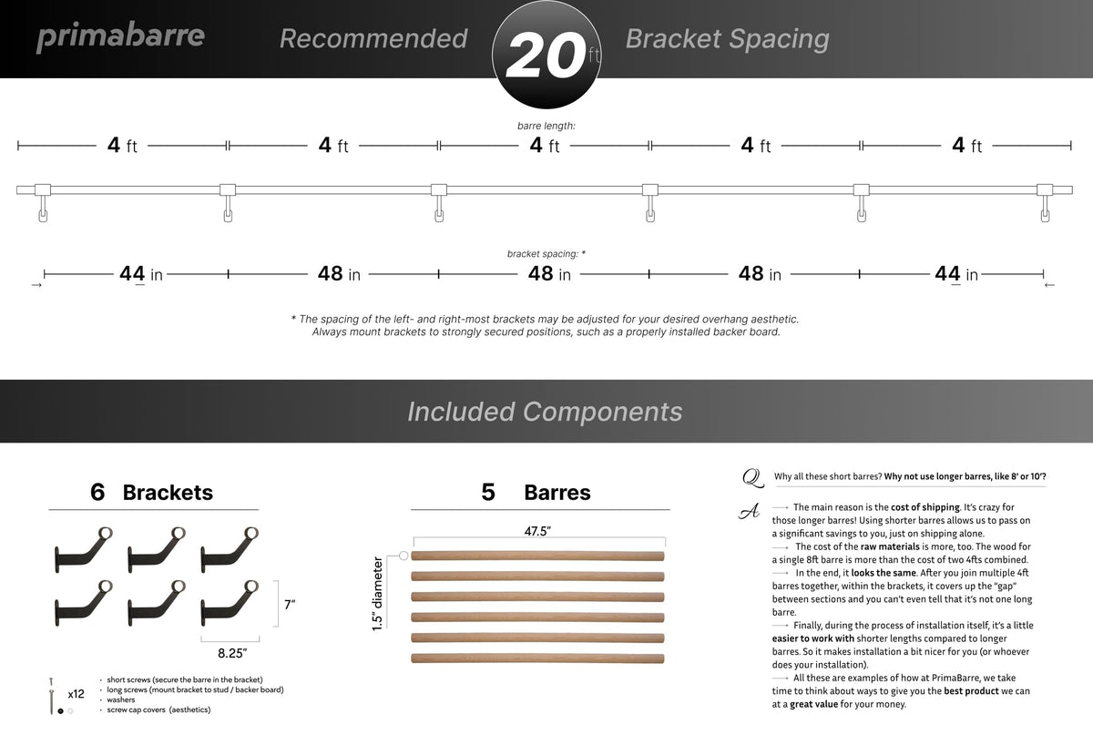 Wall-Mounted Ballet Barre for Home Dance, Exercise, Fitness, Stretching - Made in USA