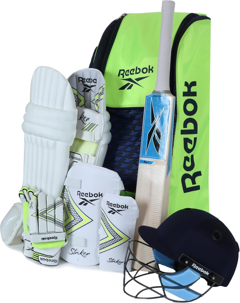 Reebok Cricket Kit â 8-Piece Complete Set with Bat, Pads, Gloves, Helmet & Bag | Sealed Sports Equipment Bundle | (1)