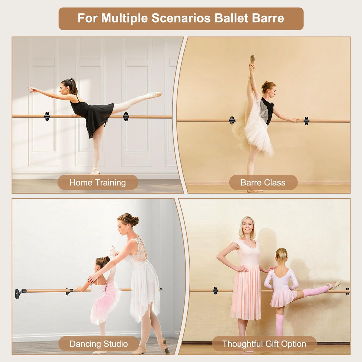 Dolibest Space Saver, Ballet Barre, Wall Mounted Traditional Wood Ballet Barre System Stretch/Dance for Home Barre Workout Equipment, Height Adjustable, for Kids and Adults
