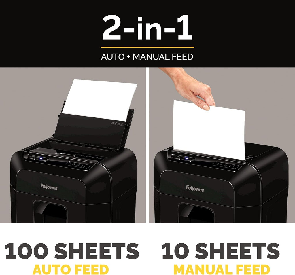 Fellowes AutoMax 100MA 100-Sheet Micro-Cut Autofeed 2-in-1 Paper Shredder for Office/Small Office