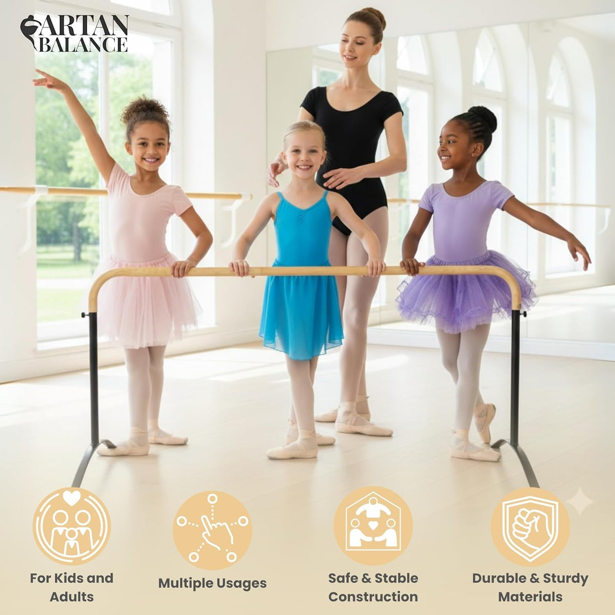 Ballet Barre Portable for Home or Studio, 6 ft Extendable to 12 ft Bar Curved, Height Adjustable from 27" to 44", Ideal for Stretch, Pilates, Dance, Active Workouts, Single or Double, Kids Adults