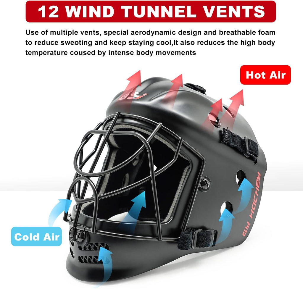 GY Field Hockey Goalie Helmet with Cage, Ice Hockey Goalie Face Mask for Youth, PC+ABS Shell/ 4.5mm A3 Steel Cage/ 10mm Foam Liner- XS